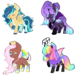 Size: 1200x1200 | Tagged: safe, artist:kyannepopys, derpibooru import, oc, unofficial characters only, earth pony, pegasus, pony, unicorn, base used, bat wings, clothes, crown, earth pony oc, horn, image, jewelry, multicolored hair, one eye closed, pegasus oc, png, rainbow hair, raised hoof, regalia, simple background, socks, transparent background, unicorn oc, wings, wink