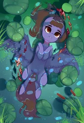 Size: 1300x1900 | Tagged: safe, alternate version, artist:nazori, derpibooru import, oc, unofficial characters only, fish, pegasus, pony, alternate character, commission, featureless crotch, image, lilypad, lying down, on back, outdoors, pegasus oc, png, pond, reed, solo, spread wings, water, wings, ych result