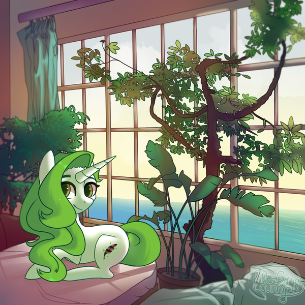 Size: 1000x1000 | Tagged: safe, artist:nazori, derpibooru import, oc, unofficial characters only, pony, unicorn, commission, female, horn, image, indoors, lying down, mare, png, prone, smiling, solo, tree, unicorn oc, wings, ych result