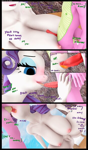 Size: 1680x2873 | Tagged: explicit, artist:sebaxn, rarity, spike, anthro, comic:behind the rocks, balls, belly button, big breasts, blowjob, boobjob, breasts, busty rarity, comic, dialogue, dragon dick, female, image, jpeg, licking, male, male nipples, nail polish, nipples, nudity, oral, penis, sex, shipping, sparity, straight, straight shota, tongue out, vulva