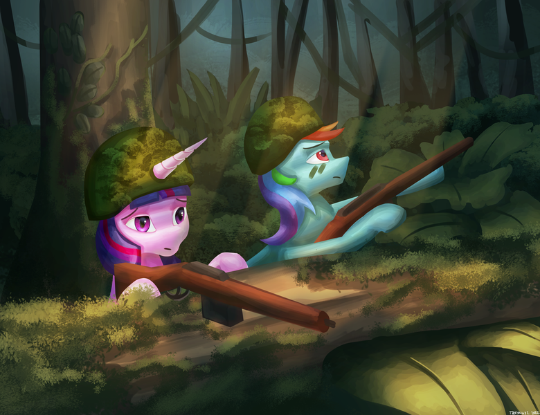 Size: 3250x2500 | Tagged: safe, artist:trotski432, derpibooru import, rainbow dash, twilight sparkle, pony, unicorn, duo, female, forest, gun, helmet, hooves, horn, image, jungle, leaves, log, mare, moss, nervous, png, rifle, soldier, tree, vietnam war, weapon