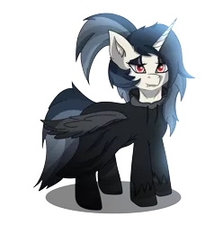 Size: 1544x1620 | Tagged: safe, artist:zadrex, derpibooru import, oc, oc:zavada, unofficial characters only, alicorn, pony, derpibooru community collaboration, 2022 community collab, alicorn oc, clothes, ear fluff, fangs, full body, horn, image, makeup, png, red eyes, shadow, simple background, solo, standing, transparent background, wings