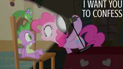 Size: 1280x720 | Tagged: safe, derpibooru import, edit, edited screencap, editor:quoterific, screencap, gummy, pinkie pie, spike, alligator, dragon, earth pony, pony, party of one, season 1, chair, female, image, jpeg, male, mare, sugarcube corner