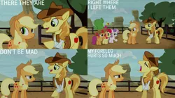 Size: 1280x720 | Tagged: safe, derpibooru import, edit, edited screencap, editor:quoterific, screencap, apple bloom, applejack, braeburn, scootaloo, sweetie belle, earth pony, pegasus, pony, unicorn, appleoosa's most wanted, season 5, apple bloom's bow, applejack's hat, bow, cowboy hat, cutie mark crusaders, eyes closed, female, filly, foal, hair bow, hat, image, jpeg, male, mare, open mouth, open smile, smiling, stallion