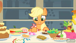 Size: 640x360 | Tagged: safe, derpibooru import, screencap, applejack, carrot cake, earth pony, pony, a bird in the hoof, season 1, animated, cake, female, floppy ears, food, gif, gifs.com, image, male, mare, open mouth, open smile, pure unfiltered evil, sandwich, smiling, stallion, sugarcube corner