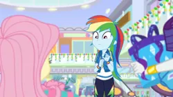 Size: 3410x1920 | Tagged: safe, derpibooru import, screencap, fluttershy, rainbow dash, rarity, equestria girls, equestria girls series, holidays unwrapped, spoiler:eqg series (season 2), bracelet, clothes, cutie mark, cutie mark on clothes, dashing through the mall, female, geode of super speed, high res, hoodie, image, jewelry, jpeg, magical geodes, male, necklace, offscreen character, offscreen male, present, rarity peplum dress