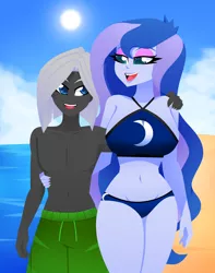 Size: 1589x2013 | Tagged: safe, artist:xan-gelx, derpibooru import, princess luna, oc, oc:night quill, human, equestria girls, arm behind back, beach, belly button, bikini, bikini bottom, bikini top, breasts, busty princess luna, canon x oc, clothes, couple, holding, humanized, image, jpeg, luill, size difference, swimming trunks, swimsuit, vice principal luna