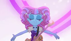 Size: 1249x719 | Tagged: safe, derpibooru import, screencap, kiwi lollipop, equestria girls, equestria girls series, sunset's backstage pass!, spoiler:eqg series (season 2), female, guitar, image, jpeg, k-lo, musical instrument, solo