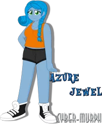 Size: 1880x2276 | Tagged: safe, artist:cyber-murph, derpibooru import, oc, oc:azure jewel, oc:sapphire crystal, human, blue hair, braid, braided tail, clothes, cute, female, humanized, image, png, shoes, shorts, signature, simple background, sneakers, solo, tail, tanktop, thick, transparent background