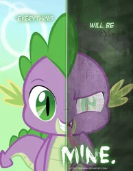 Size: 2158x2780 | Tagged: safe, artist:tehjadeh, derpibooru import, spike, dragon, 2012, dual personality, greed, high res, image, jpeg, male, mine!, poster, solo, spikezilla, two sided posters