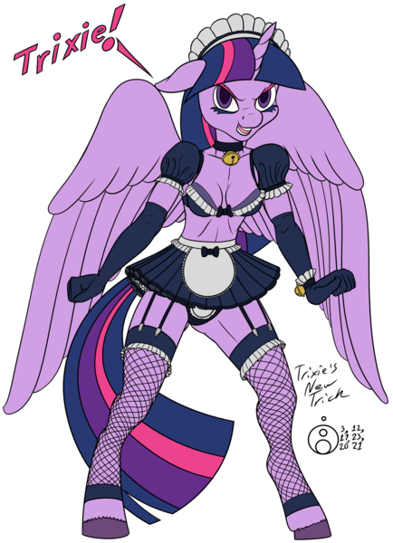 Size: 1084x1500 | Tagged: suggestive, artist:sepiakeys, derpibooru import, twilight sparkle, twilight sparkle (alicorn), alicorn, anthro, unguligrade anthro, bell, bell collar, breasts, clothes, collar, female, floppy ears, image, implied lesbian, implied shipping, implied trixie, implied twixie, maid, maidlight sparkle, panties, png, simple background, sketch, solo, solo female, underwear, white background