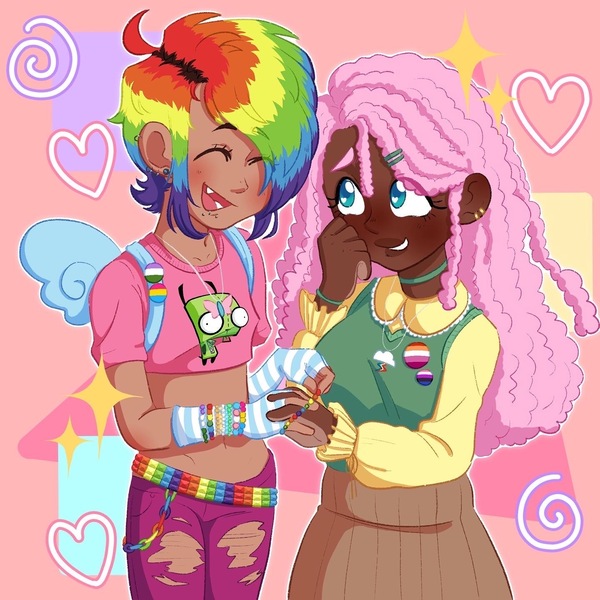 Size: 1440x1440 | Tagged: safe, artist:kattycaake, derpibooru import, fluttershy, rainbow dash, human, alternate hairstyle, backpack, badge, bag, belt, blushing, bracelet, choker, clothes, cute, dark skin, dashabetes, duo, ear piercing, earring, eyes closed, fangs, female, fingerless gloves, flutterdash, genderfluid, genderfluid pride flag, gir, gloves, grin, humanized, image, invader zim, jeans, jewelry, jpeg, lesbian, lesbian pride flag, lip piercing, midriff, necklace, open mouth, pansexual, pansexual pride flag, pants, piercing, pride, pride flag, shipping, shirt, shyabetes, skirt, smiling, snake bites, sweater, sweatershy, t-shirt, torn clothes, trans female, transgender, transgender pride flag