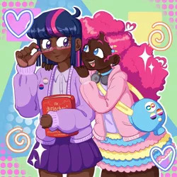 Size: 1440x1440 | Tagged: safe, artist:kattycaake, derpibooru import, pinkie pie, twilight sparkle, human, alternate hairstyle, bag, bisexual pride flag, blushing, book, choker, clothes, cute, dark skin, diapinkes, duo, ear piercing, earring, female, glasses, headphones, heart, hoodie, humanized, image, jewelry, jpeg, lesbian, lesbian pride flag, nail polish, nonbinary, nonbinary pride flag, open mouth, piercing, pride, pride flag, shipping, shirt, skirt, tumblr nose, twiabetes, twinkie