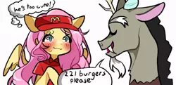 Size: 858x416 | Tagged: safe, artist:mayavtuber, derpibooru import, discord, fluttershy, draconequus, antlers, blushing, blush sticker, clothes, fangs, female, hooves to the chest, image, implied discoshy, implied shipping, implied straight, jpeg, male, mcdonald's, order, shirt, simple background, thought bubble, white background