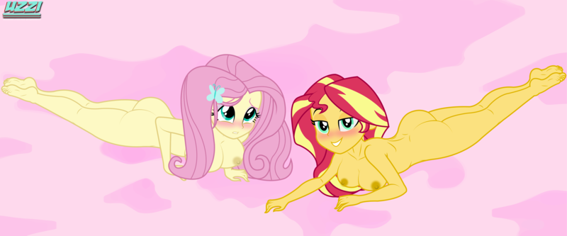 Size: 6000x2500 | Tagged: questionable, artist:uzzi-ponydubberx, fluttershy, sunset shimmer, equestria girls, blushing, breasts, bunset shimmer, busty fluttershy, busty sunset shimmer, butt, duo, duo female, female, flutterbutt, image, lesbian, lying down, nudity, patreon, patreon exclusive, png, seductive look, shipping, stupid sexy fluttershy, stupid sexy sunset shimmer, sunshyne