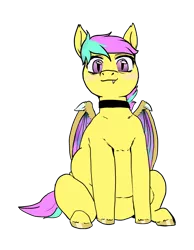 Size: 2253x2900 | Tagged: safe, artist:tacodeltaco, derpibooru import, oc, oc:star shower, bat pony, derpibooru community collaboration, 2022 community collab, bat pony oc, bat wings, collar, fangs, fat, female, image, looking at you, png, simple background, transparent background, wings