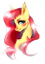 Size: 2135x3000 | Tagged: safe, artist:aneko77, derpibooru import, fluttershy, pony, aside glance, blushing, bust, chest fluff, ear fluff, female, high res, image, looking at you, mare, png, portrait, sideways glance, simple background, smiling, solo, white background