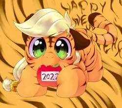 Size: 2048x1810 | Tagged: safe, artist:kurogewapony, derpibooru import, applejack, 2022, apple, applecat, bell, blushing, cute, female, food, happy new year 2022, image, jackabetes, jpeg, looking at you, solo, species swap, year of the tiger