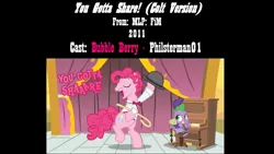 Size: 1280x720 | Tagged: safe, artist:philsterman, derpibooru import, pinkie pie, spike, dragon, earth pony, pony, over a barrel, barb, bipedal, bubble berry, cover, dancing, dragoness, female, genderbent reenactment, image, jpeg, male, musical instrument, my little colt, piano, reenactment, rule 63, song, stallion, you gotta share, youtube, youtube link, youtuber