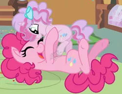 Size: 754x584 | Tagged: safe, artist:xxlightning-chaserxx, derpibooru import, pinkie pie, oc, pony, base used, female, filly, foal, image, lying down, offspring, on back, parent:pinkie pie, parent:pokey pierce, parents:pokeypie, png