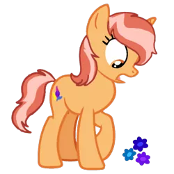Size: 4000x4000 | Tagged: safe, artist:naturajellyfish, derpibooru import, oc, unofficial characters only, pony, unicorn, absurd resolution, blue flower, female, flower, full body, horn, image, looking down, mare, open mouth, orange coat, orange eyes, png, red hair, short tail, show accurate, simple background, solo, standing, tail, transparent background, two toned mane, two toned tail, unicorn oc
