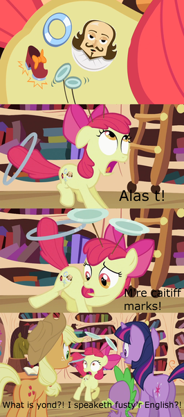 Size: 993x2236 | Tagged: safe, derpibooru import, edit, edited screencap, screencap, apple bloom, applejack, spike, twilight sparkle, dragon, earth pony, pony, unicorn, the cutie pox, comic, cutie mark, cutie pox, dancing, female, filly, foal, image, loop-de-hoop, male, mare, plate spinning, png, sacrebloom, screencap comic, unicorn twilight, william shakespeare, ye olde english