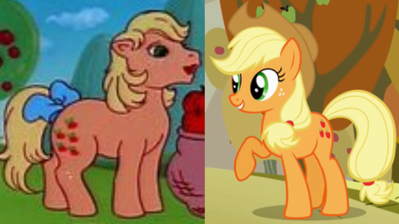 Size: 1280x720 | Tagged: safe, derpibooru import, screencap, applejack, applejack (g1), fall weather friends, my little pony 'n friends, rescue at midnight castle, comparison, cropped, g1, g1 to g4, generation leap, image, jpeg, low quality, lowres