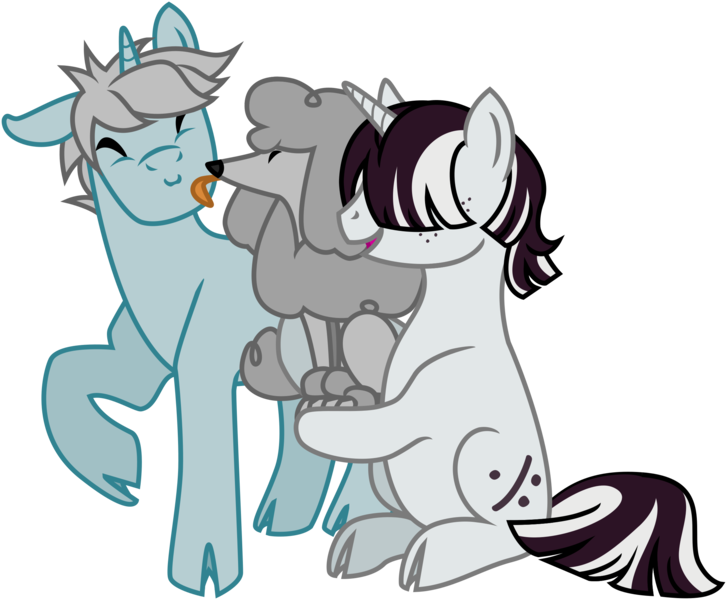 Size: 2290x1889 | Tagged: safe, artist:saby, derpibooru import, oc, oc:ironwood atlas, oc:morse code, unofficial characters only, dog, pony, poodle, unicorn, derpibooru community collaboration, 2022 community collab, carrying, cloven hooves, colored, derpibooru exclusive, eyes closed, face licking, flat colors, hair over eyes, holding, image, licking, male, one ear down, png, raised hoof, simple background, sitting, smiling, stallion, standing, tongue out, transparent background, trio, vector