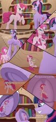 Size: 3950x8526 | Tagged: suggestive, derpibooru import, pinkie pie, twilight sparkle, abuse, crushing, golden oaks library, image, jpeg, library, micro, pinkiebuse, shrinking, stomping