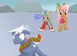 Size: 1500x1100 | Tagged: safe, artist:mightyshockwave, derpibooru import, oc, oc:flicker, oc:ginger snap, oc:silver lining, unofficial characters only, bow, clothes, derp, hair bow, image, magic, png, scarf, snow, snowball, telekinesis, winter, winter clothes, winter outfit