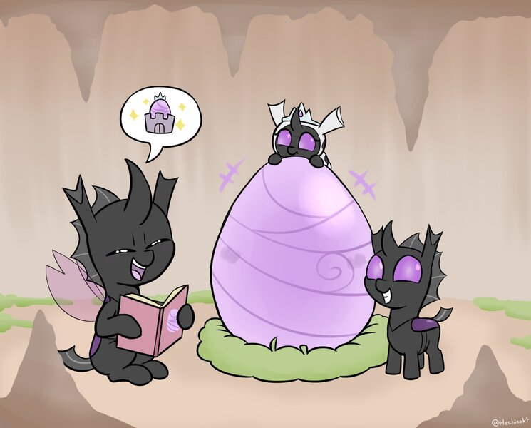 Size: 1828x1472 | Tagged: safe, artist:heretichesh, derpibooru import, oc, unofficial characters only, changeling, book, cave, changeling egg, changeling oc, cute, cuteling, eyes closed, grin, grub, hoof hold, image, jewelry, jpeg, nest, open mouth, open smile, pictogram, reading, smiling, speech bubble, tiara, trio