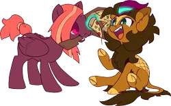 Size: 3552x2200 | Tagged: safe, artist:jennithedragon, derpibooru import, oc, oc:earthen spark, oc:shrimp scampi, unofficial characters only, kirin, pegasus, pony, derpibooru community collaboration, 2022 community collab, duo, ear fluff, fangs, food, image, kirin oc, looking at someone, looking at something, magic, mouth hold, open mouth, pegasus oc, pizza, png, raised hoof, simple background, sitting, telekinesis, transparent background, two toned mane, underhoof, wings