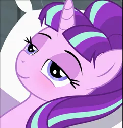 Size: 611x634 | Tagged: safe, artist:culu-bluebeaver, derpibooru import, starlight glimmer, pony, unicorn, comic:the newcomer, bedroom eyes, bust, female, image, mare, png, s5 starlight, smiling, solo