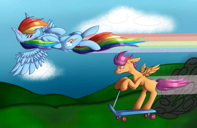 Size: 1294x844 | Tagged: safe, artist:gremlingraveyard, derpibooru import, rainbow dash, scootaloo, pegasus, pony, blank flank, duo, female, filly, flying, foal, grin, image, jpeg, mare, racing, rainbow trail, scooter, smiling