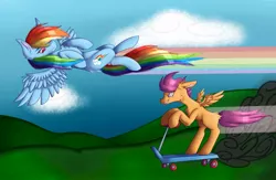 Size: 1294x844 | Tagged: safe, artist:gremlingraveyard, derpibooru import, rainbow dash, scootaloo, pegasus, pony, blank flank, duo, female, filly, flying, foal, grin, image, jpeg, mare, racing, rainbow trail, scooter, smiling