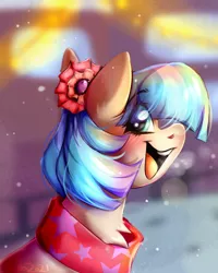 Size: 2036x2548 | Tagged: safe, artist:pozya1007, derpibooru import, coco pommel, earth pony, pony, breath, bust, cocobetes, cute, female, image, mare, png, portrait, smiling, snow, solo