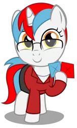 Size: 2220x3660 | Tagged: safe, artist:strategypony, derpibooru import, oc, oc:audina puzzle, unofficial characters only, pony, unicorn, card, challenge, clothes, ddakji, female, filly, foal, glasses, horn, image, it's a trap, paper, png, simple background, skirt, squid game, suit, transparent background, unicorn oc