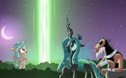 Size: 3000x1857 | Tagged: safe, artist:aleximusprime, derpibooru import, cozy glow, lord tirek, queen chrysalis, centaur, changeling, changeling queen, pegasus, pony, taur, flurry heart's story, beam, blast, fanfic in the description, female, forest, image, jpeg, looking up, magic, magic blast, male, moon, night, tree