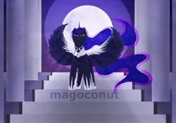 Size: 2048x1431 | Tagged: safe, artist:magoconut, derpibooru import, princess luna, alicorn, pony, armor, horn, image, jewelry, jpeg, looking at you, mago loves stairs, moon, moonlight, night, night sky, palace, regalia, silver, sky, solo, spread wings, stairs, stars, watermark, wing armor, wings