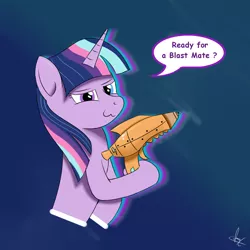 Size: 1200x1200 | Tagged: safe, artist:habiepon3, derpibooru import, twilight sparkle, oc, pony, unicorn, bust, cute, dialogue, dialogue box, female, headcanon, image, jpeg, laser pistol, looking at you, powerful sparkle, simple background, smiling, solo, twiabetes, uwu