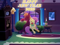 Size: 2880x2160 | Tagged: safe, anonymous artist, derpibooru import, big macintosh, fluttershy, oc, oc:late riser, earth pony, pegasus, pony, series:fm holidays, 2022, alcohol, alternate hairstyle, baby, baby pony, champagne, champagne glass, clothes, colt, family, female, fireworks, fluttermac, fluttershy's cottage, foal, grandfather clock, happy new year, happy new year 2022, high res, holding a pony, holiday, image, male, mare, new year, offspring, pacifier, pajamas, parent:big macintosh, parent:fluttershy, parents:fluttermac, png, shipping, sleeping, stallion, straight, underhoof, wine