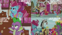 Size: 1280x720 | Tagged: safe, derpibooru import, edit, edited screencap, editor:quoterific, screencap, big macintosh, cup cake, discord, spike, sugar belle, draconequus, dragon, earth pony, pony, unicorn, season 9, the big mac question, spoiler:s09, eyes closed, female, image, male, mare, open mouth, open smile, png, smiling, spread wings, stallion, sugarcube corner, winged spike, wings