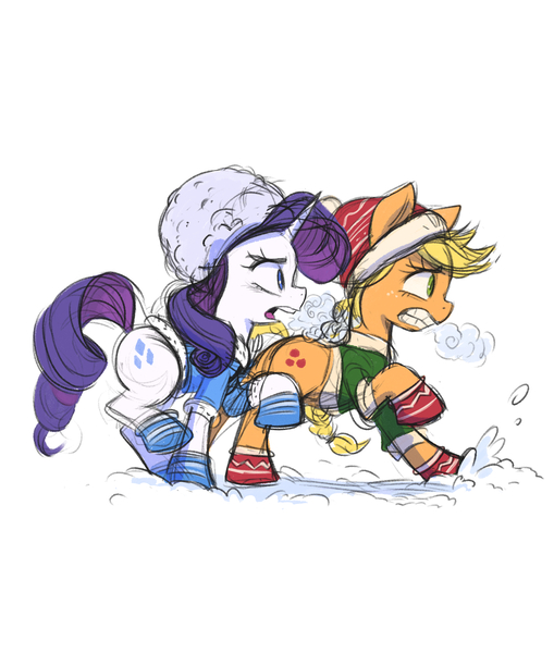 Size: 2480x2924 | Tagged: safe, artist:fanzeem, derpibooru import, applejack, rarity, pony, hat, image, jpeg, running, snow