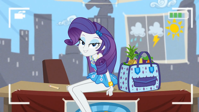 Size: 1920x1080 | Tagged: suggestive, derpibooru import, edit, edited screencap, screencap, rarity, best trends forever, equestria girls, equestria girls series, banana, bracelet, carrot, corn, cucumber, desk, eggplant, female, food, fruit, grin, handbag, image, jewelry, legs, lidded eyes, looking at you, partial nudity, partial nudity edit, pencil, pineapple, png, rarity peplum dress, recording, sitting, smiling, solo, turnip, vegetables