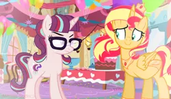 Size: 1462x848 | Tagged: safe, artist:awoomarblesoda, derpibooru import, sunset shimmer, oc, oc:stardust afterglow, alicorn, pony, unicorn, alicorn oc, alicornified, base used, duo, eyelashes, female, frown, glasses, horn, image, indoors, magical lesbian spawn, mare, offspring, parent:moondancer, parent:starlight glimmer, parents:glimmerdancer, peytral, png, race swap, smiling, wings