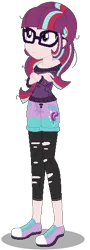 Size: 200x555 | Tagged: safe, artist:awoomarblesoda, derpibooru import, oc, oc:stardust afterglow, unofficial characters only, equestria girls, base used, clothes, converse, crossed arms, female, glasses, image, magical lesbian spawn, offspring, pants, parent:moondancer, parent:starlight glimmer, parents:glimmerdancer, png, shoes, simple background, sneakers, torn clothes, transparent background