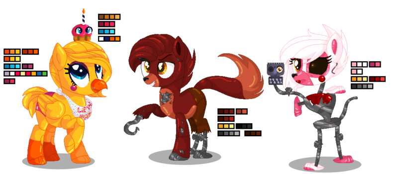 Size: 1096x480 | Tagged: safe, artist:awoomarblesoda, derpibooru import, ponified, fox, fox pony, hybrid, pony, robot, robot pony, animatronic, base used, black sclera, candle, chica, crossover, cupcake, eyelashes, five nights at freddy's, food, foxy, hook, image, mangle, png, raised hoof, simple background, transparent background