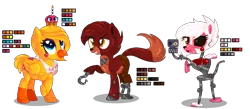 Size: 1096x480 | Tagged: safe, artist:awoomarblesoda, derpibooru import, ponified, fox, fox pony, hybrid, pony, robot, robot pony, animatronic, base used, black sclera, candle, chica, crossover, cupcake, eyelashes, five nights at freddy's, food, foxy, hook, image, mangle, png, raised hoof, simple background, transparent background