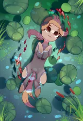 Size: 1300x1900 | Tagged: safe, alternate version, artist:nazori, derpibooru import, oc, unofficial characters only, earth pony, fish, pony, alternate character, commission, earth pony oc, featureless crotch, image, lilypad, lying down, on back, outdoors, png, pond, reed, solo, water, ych result