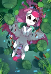 Size: 1300x1900 | Tagged: safe, alternate version, artist:nazori, derpibooru import, oc, unofficial characters only, fish, pegasus, pony, alternate character, colored wings, commission, featureless crotch, image, lilypad, lying down, on back, outdoors, pegasus oc, png, pond, reed, solo, spread wings, two toned wings, water, wings, ych result